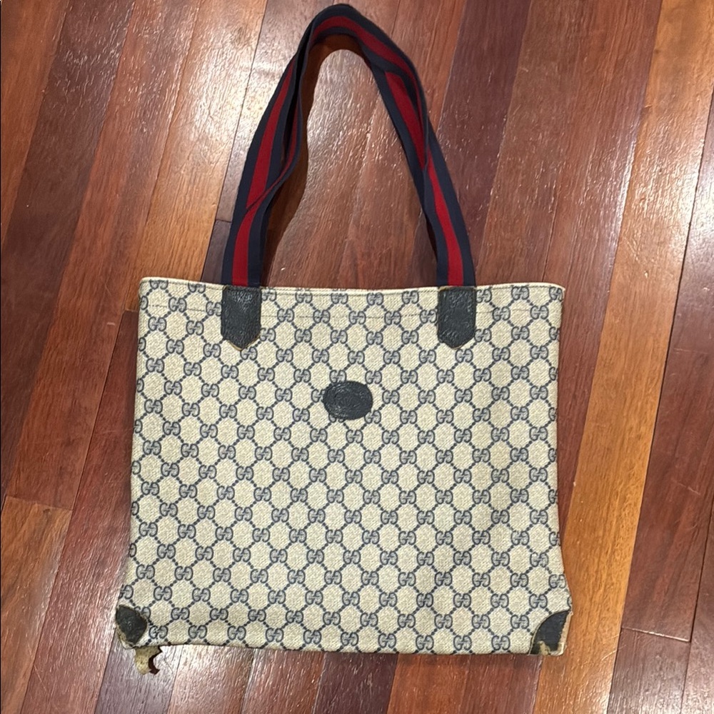 Vintage Gucci Navy Blue Tote Bag with Iconic Gucci logo Design